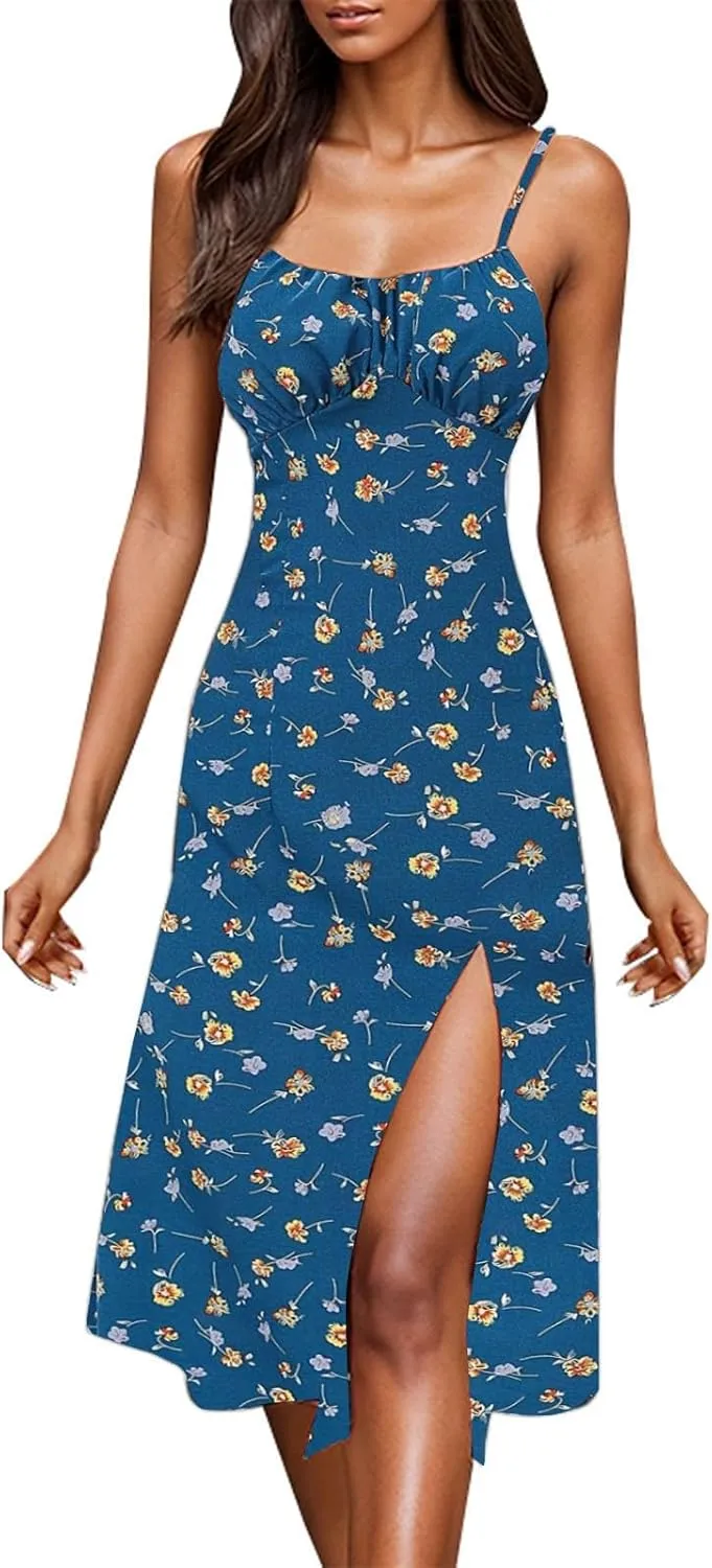 Floral Corset Dress for Women Boho Summer Spaghetti Straps Square Neck Casual Midi Dress Slit Bustier Dresses Milkmaid Dress
