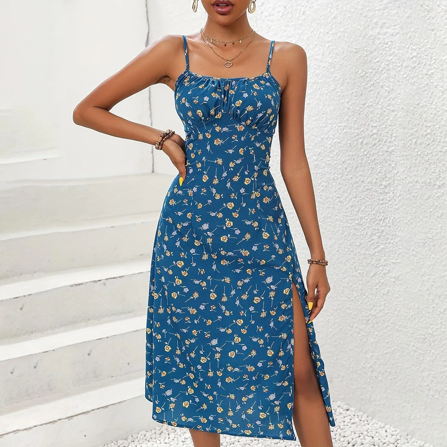 Floral Corset Dress for Women Boho Summer Spaghetti Straps Square Neck Casual Midi Dress Slit Bustier Dresses Milkmaid Dress