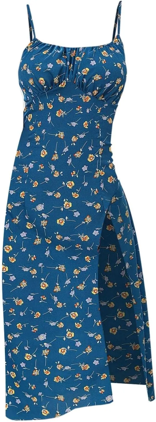 Floral Corset Dress for Women Boho Summer Spaghetti Straps Square Neck Casual Midi Dress Slit Bustier Dresses Milkmaid Dress