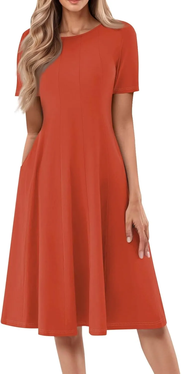 Floral Dress for Women Short Sleeve Summer A Line Dresses Smocked Casual Dresses Crew Neck Midi Dress with Pockets