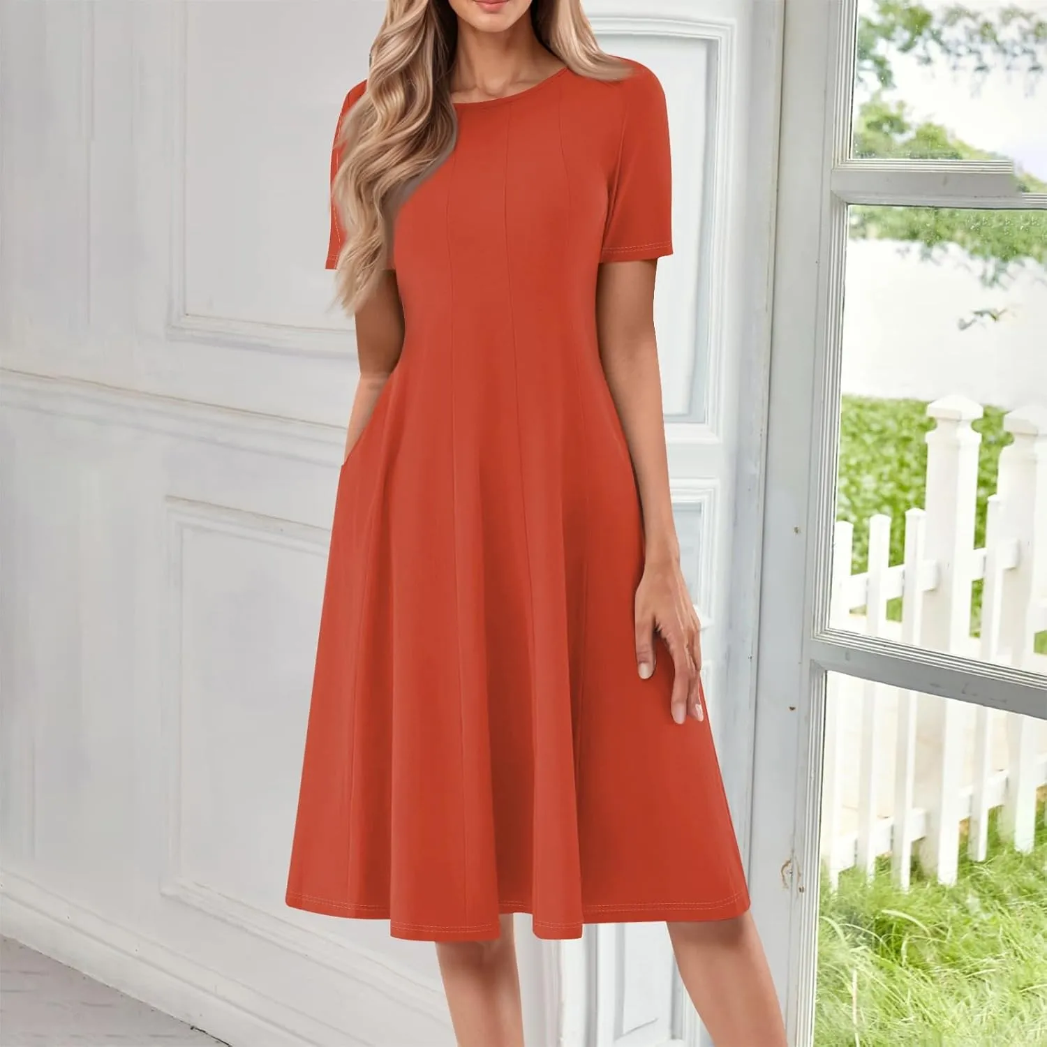 Floral Dress for Women Short Sleeve Summer A Line Dresses Smocked Casual Dresses Crew Neck Midi Dress with Pockets
