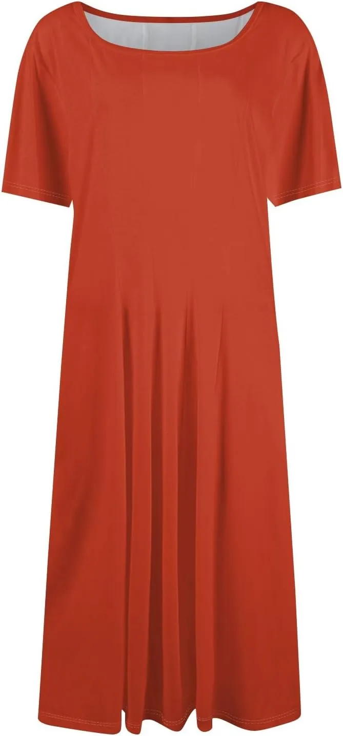 Floral Dress for Women Short Sleeve Summer A Line Dresses Smocked Casual Dresses Crew Neck Midi Dress with Pockets