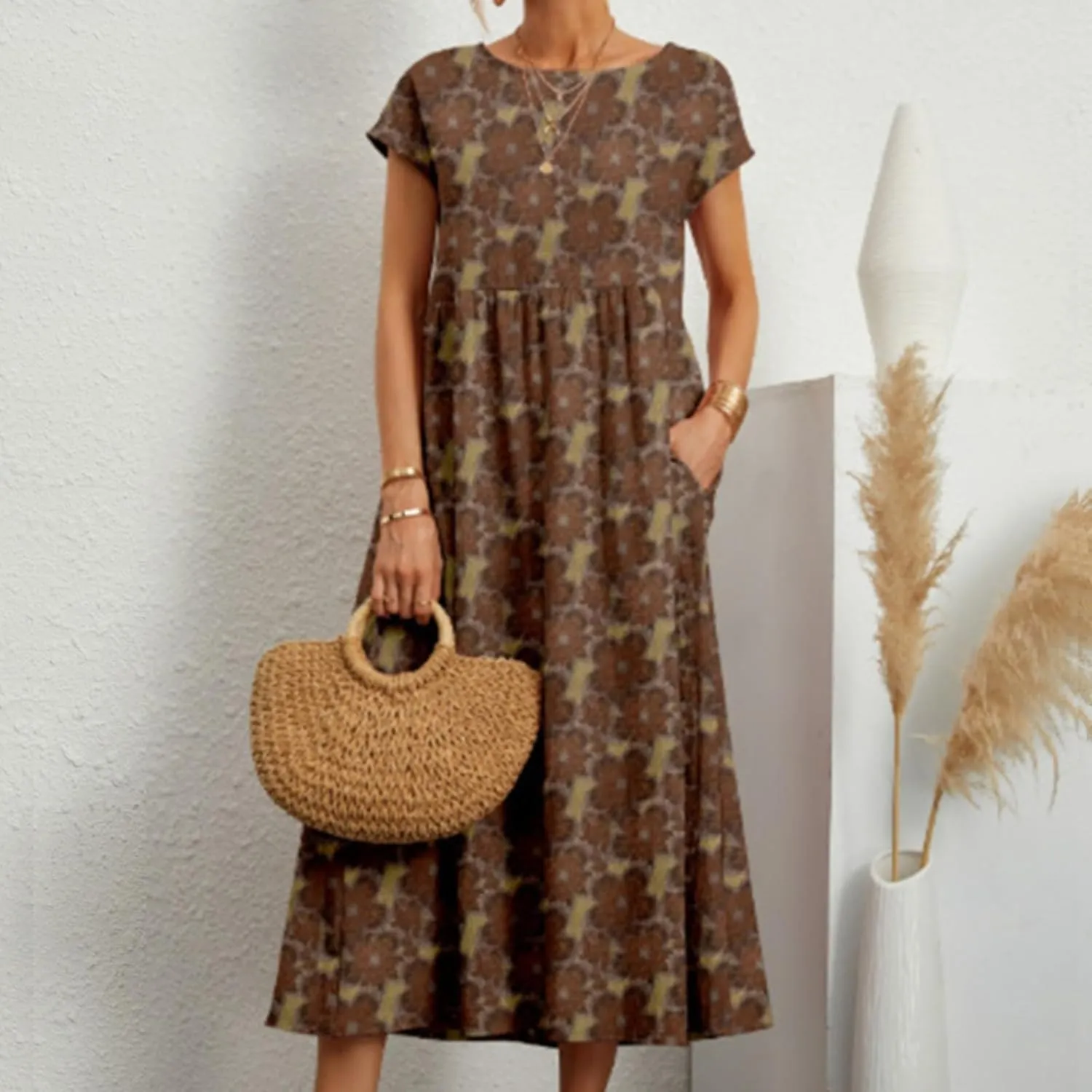 Floral Dresses for Women 2024 Crew Neck Short Sleeve Midi Dress with Pockets Casual Loose Empire Waist Summer Dress