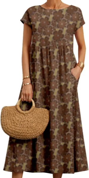 Floral Dresses for Women 2024 Crew Neck Short Sleeve Midi Dress with Pockets Casual Loose Empire Waist Summer Dress