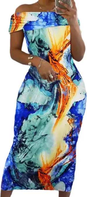Floral Maxi Dress for Women Off Shoulder Sexy Bodycon Tie Dye Summer Beach Dresses