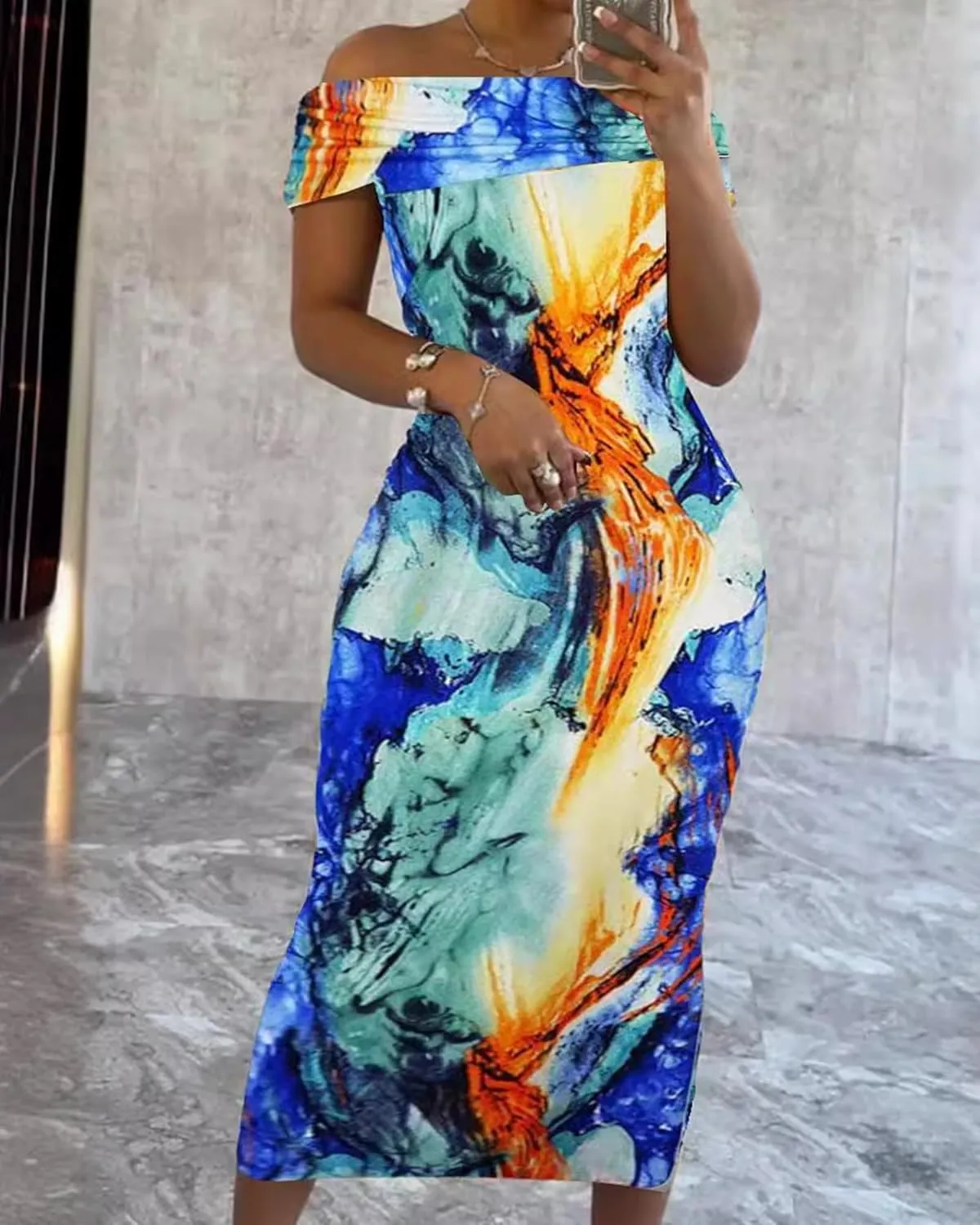Floral Maxi Dress for Women Off Shoulder Sexy Bodycon Tie Dye Summer Beach Dresses