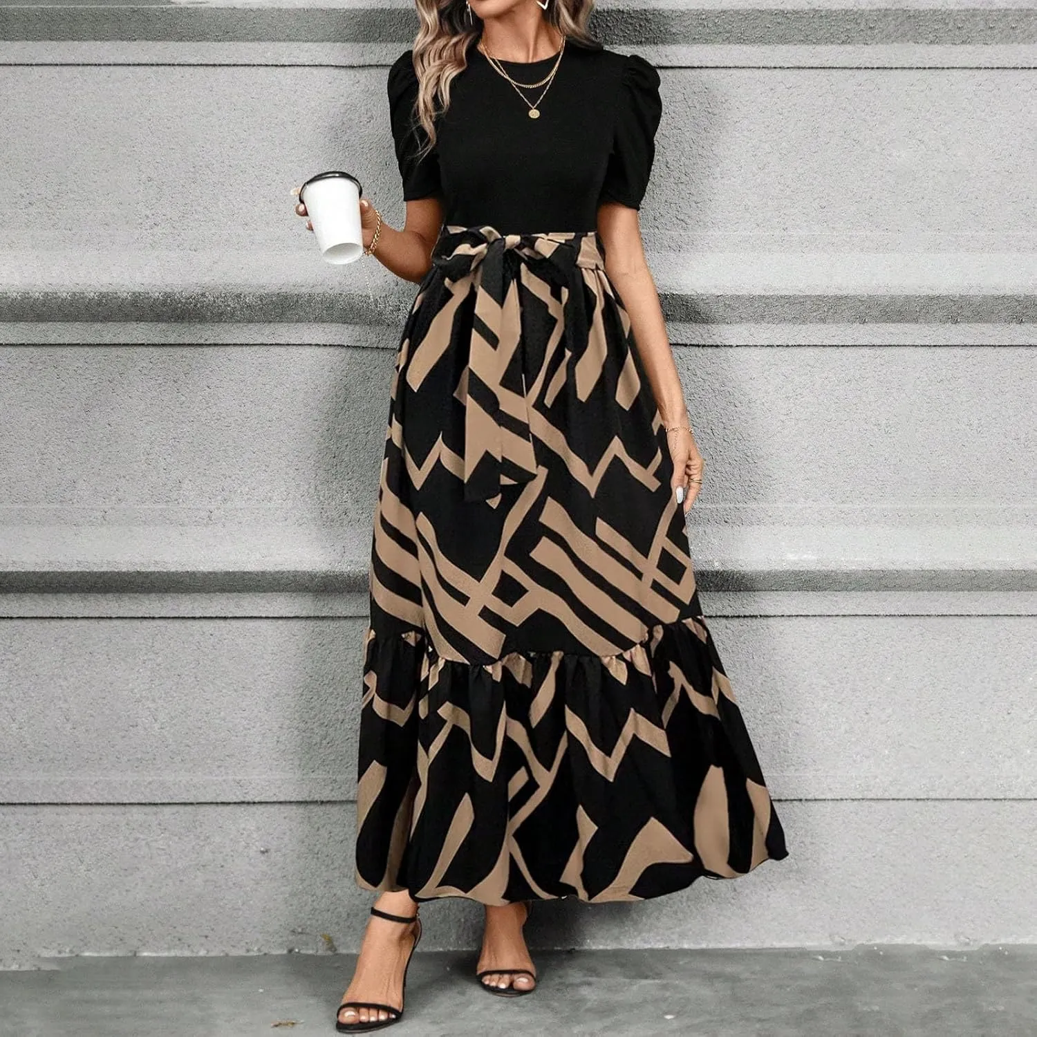 Floral Maxi Dresses for Women Casual Summer Short Sleeve Dress Crewneck Flowy Midi Dress Elegant Work Dress with Belt