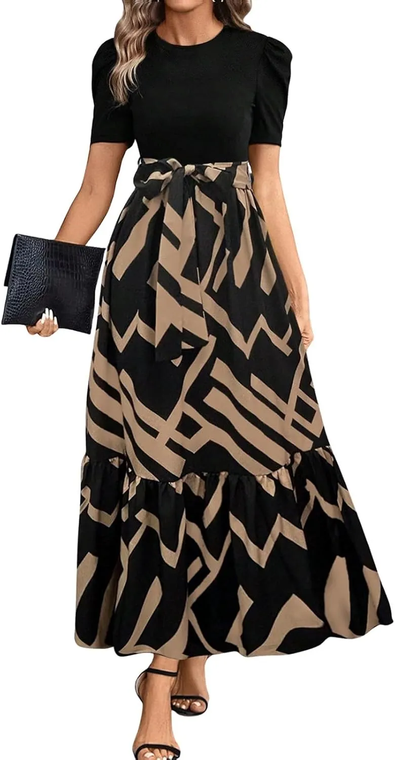 Floral Maxi Dresses for Women Casual Summer Short Sleeve Dress Crewneck Flowy Midi Dress Elegant Work Dress with Belt