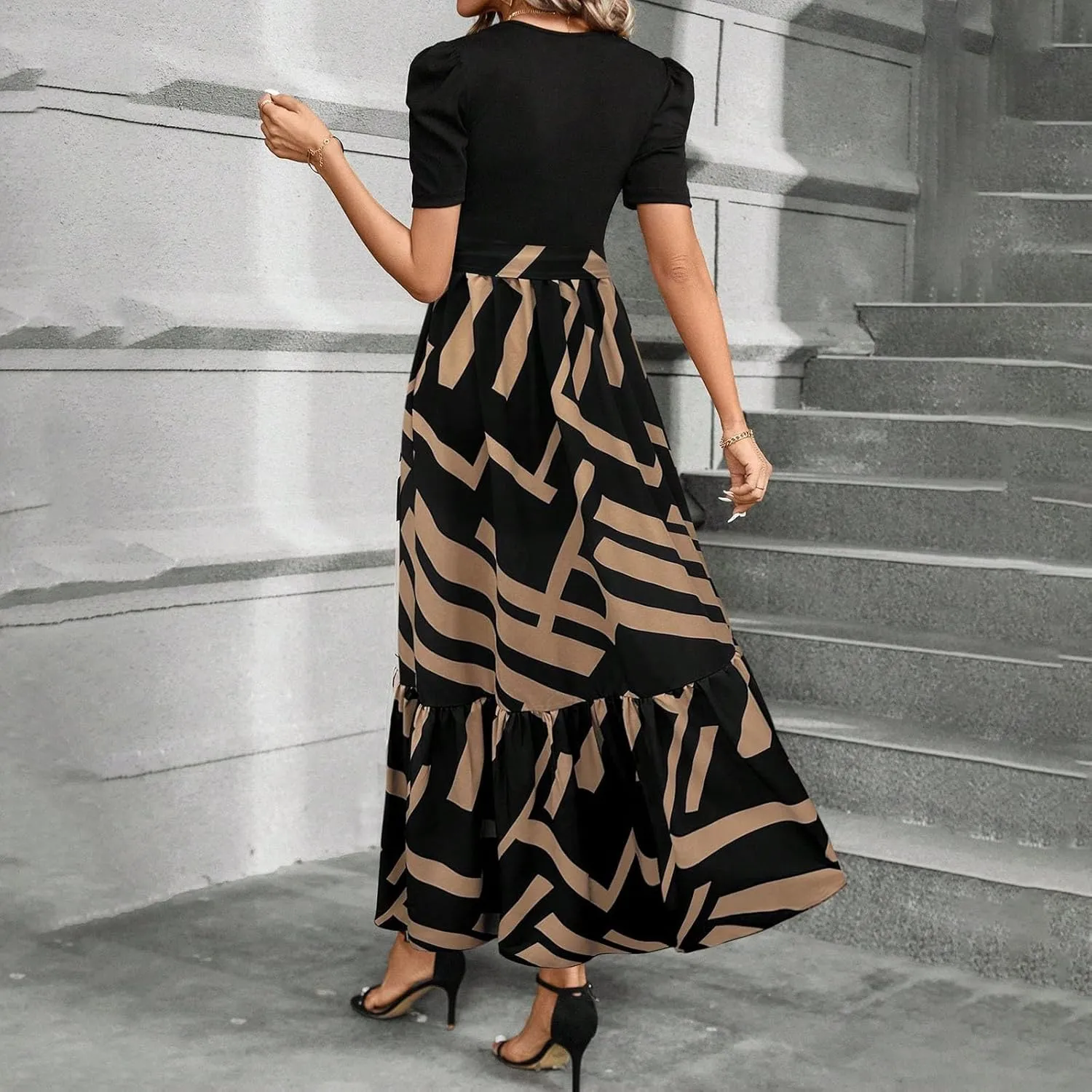Floral Maxi Dresses for Women Casual Summer Short Sleeve Dress Crewneck Flowy Midi Dress Elegant Work Dress with Belt