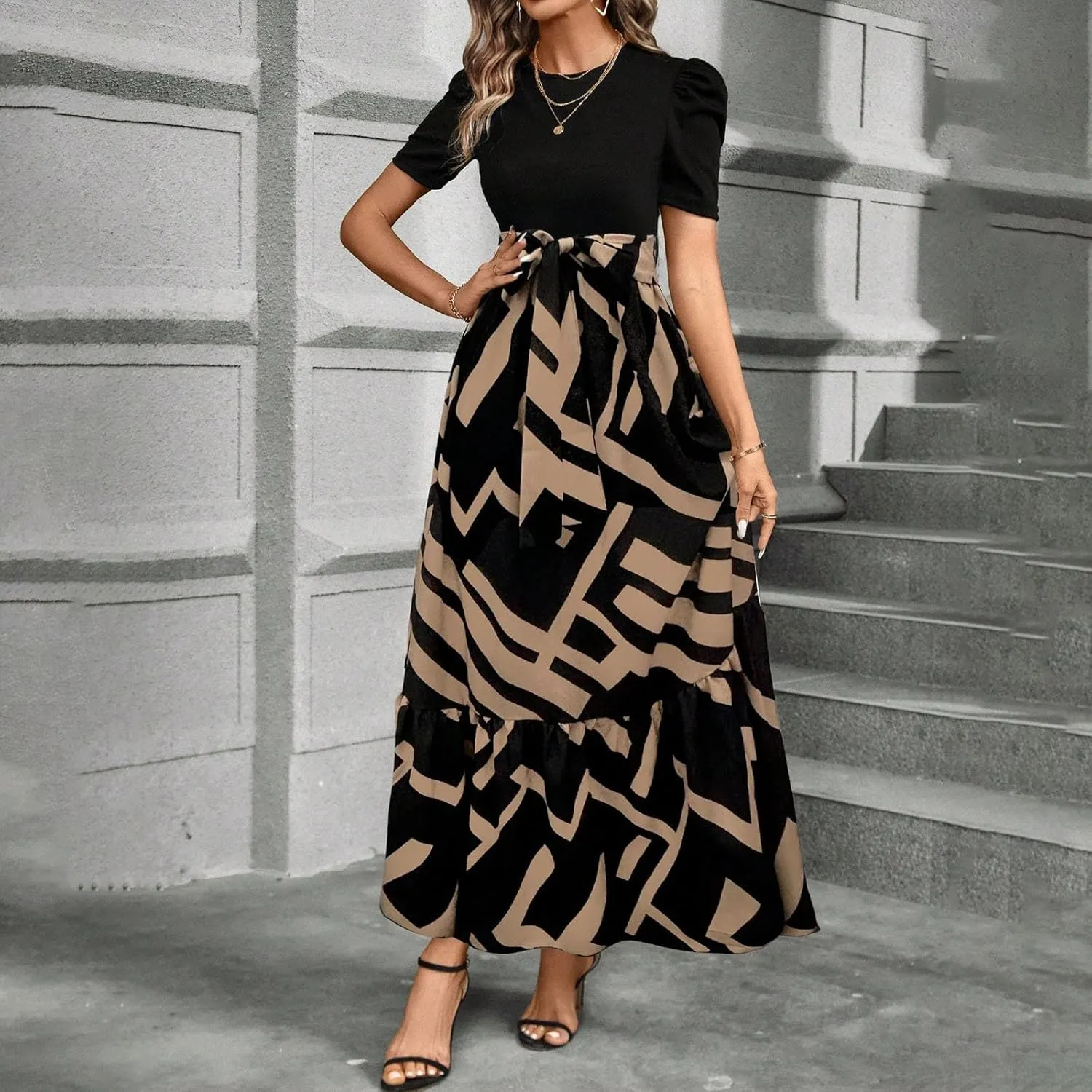 Floral Maxi Dresses for Women Casual Summer Short Sleeve Dress Crewneck Flowy Midi Dress Elegant Work Dress with Belt