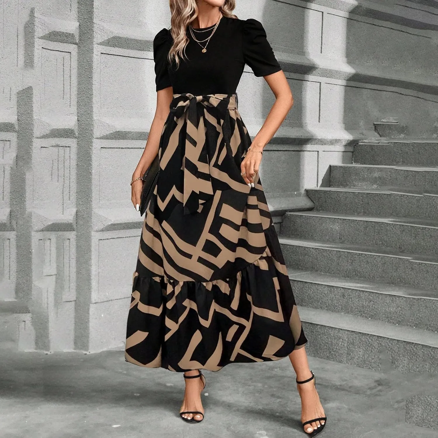 Floral Maxi Dresses for Women Casual Summer Short Sleeve Dress Crewneck Flowy Midi Dress Elegant Work Dress with Belt
