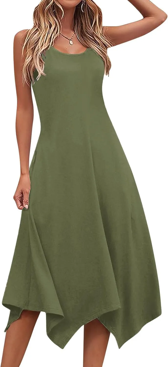 Flowy Dresses for Women Swing Casual Sleeveless Midi Sundress Crewneck Elegant Tank Dress Vacation Outfits 2025