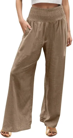 Flowy Wide Leg Linen Pants for Women Comfy High Waisted Beach Pants with Pockets Palazzo Pants Dressy Casual