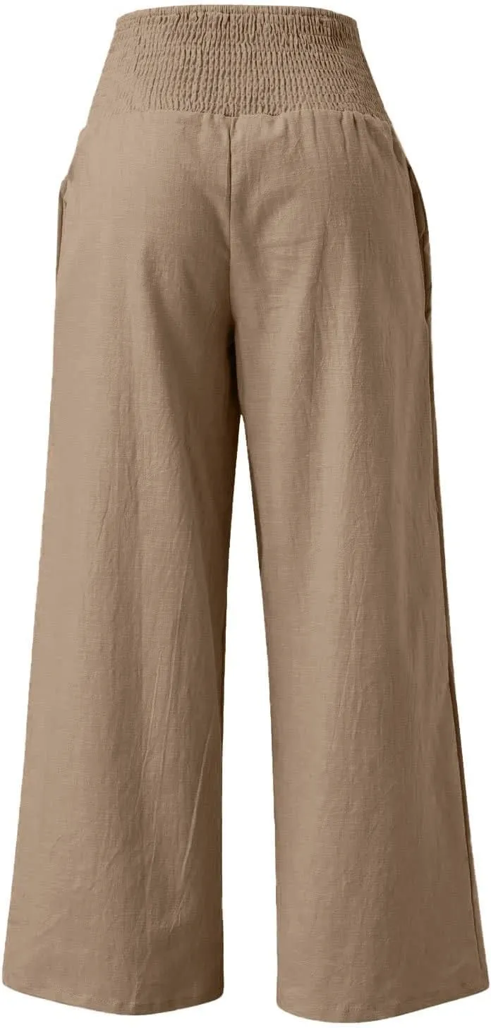Flowy Wide Leg Linen Pants for Women Comfy High Waisted Beach Pants with Pockets Palazzo Pants Dressy Casual