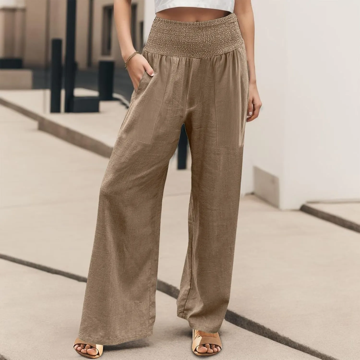 Flowy Wide Leg Linen Pants for Women Comfy High Waisted Beach Pants with Pockets Palazzo Pants Dressy Casual