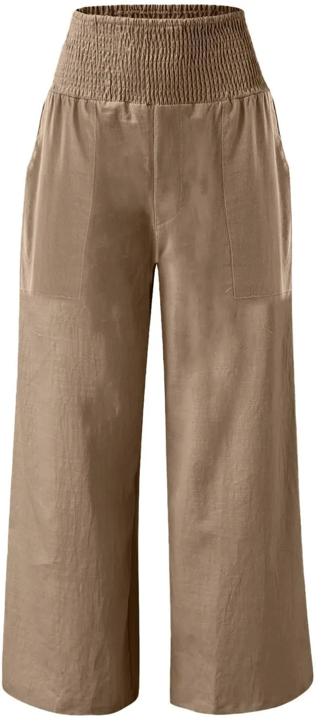 Flowy Wide Leg Linen Pants for Women Comfy High Waisted Beach Pants with Pockets Palazzo Pants Dressy Casual