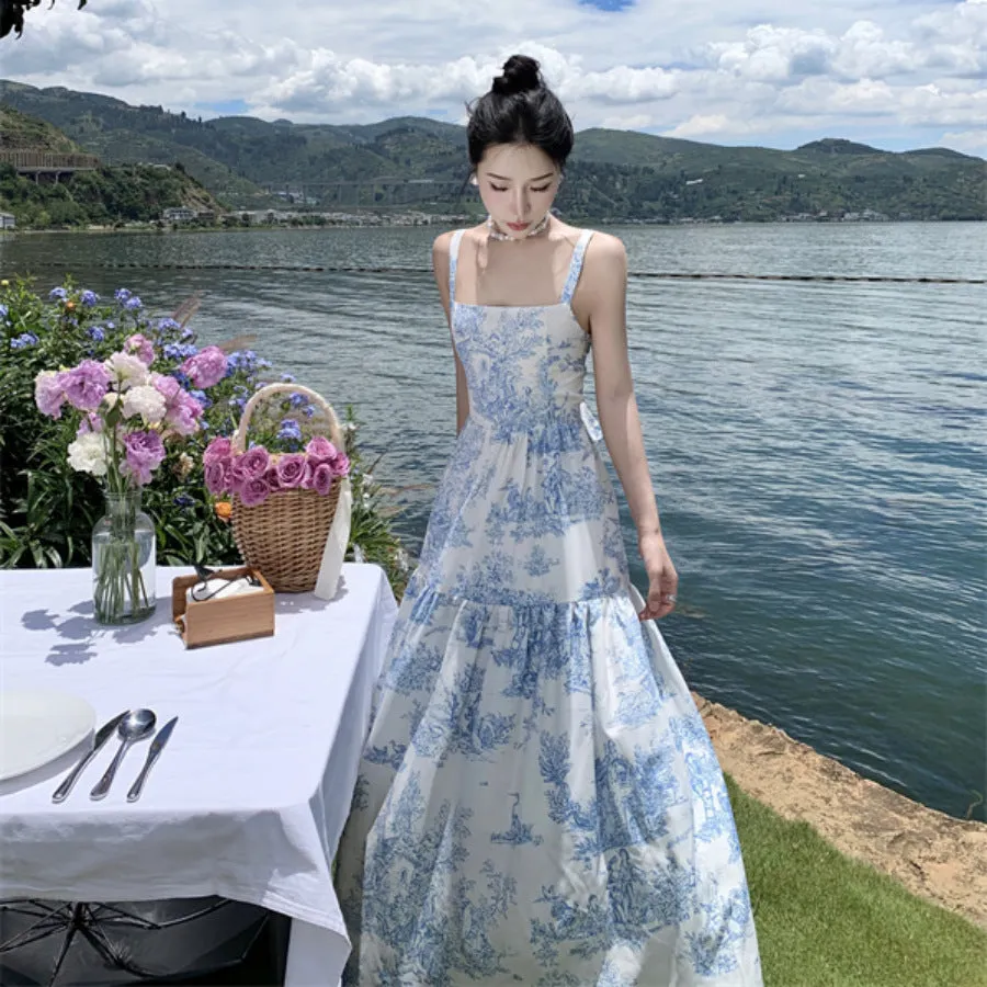 French Style Backless Blue Floral Long Dress with Bow 1928