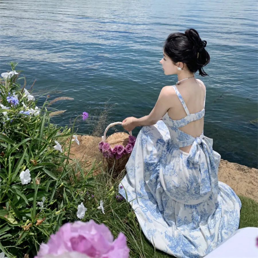 French Style Backless Blue Floral Long Dress with Bow 1928