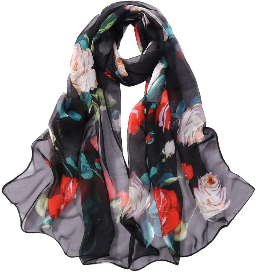 FUDERU Fashion Soft Long Scarf for Women Roses Printing Silk Shawl Wrap Scarves Women Embroidered Plain Scarf