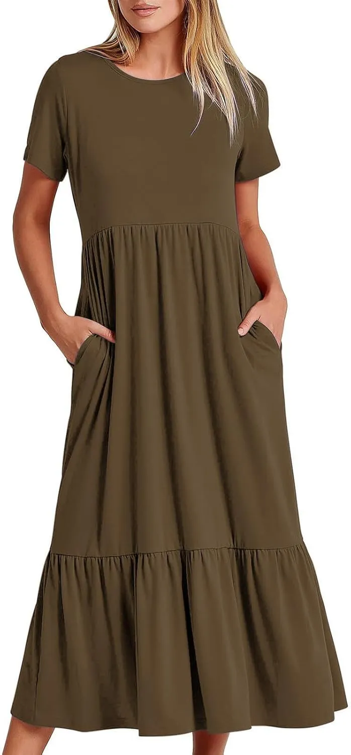 FZYLQY Maxi Dress for Womens Short Sleeve Crewneck Tiered Dresses Summer 2024 Casual Loose Comfy Flowy Dresses with Pockets