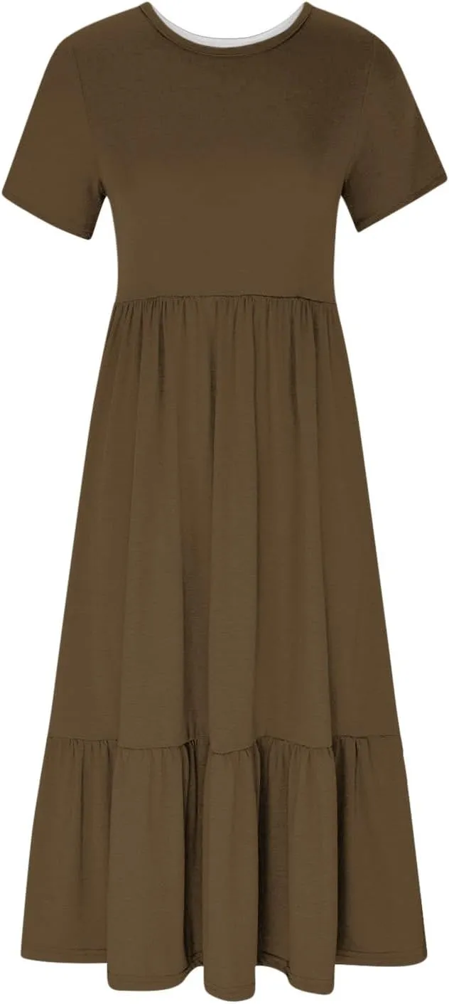 FZYLQY Maxi Dress for Womens Short Sleeve Crewneck Tiered Dresses Summer 2024 Casual Loose Comfy Flowy Dresses with Pockets