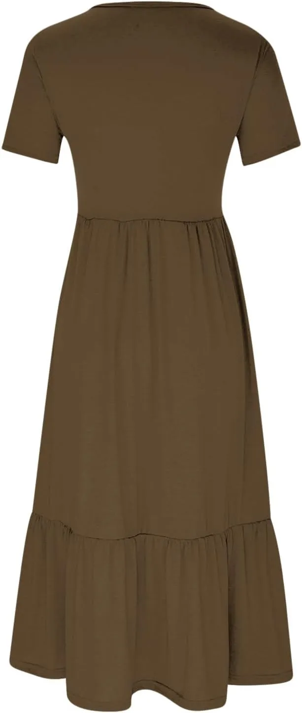 FZYLQY Maxi Dress for Womens Short Sleeve Crewneck Tiered Dresses Summer 2024 Casual Loose Comfy Flowy Dresses with Pockets