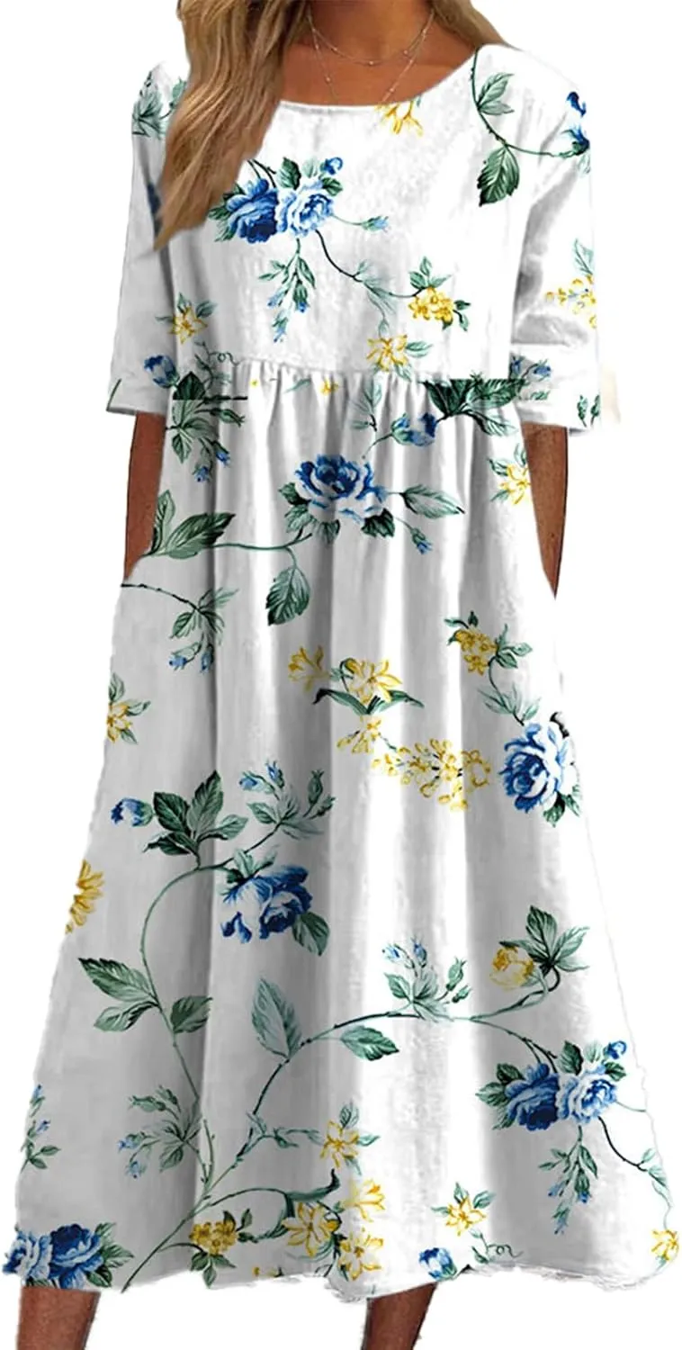 Geleglaer Women's Boho Floral Maxi Dress Summer Casual Crew Neck Short Sleeve Dress Flowy Bohemian Tshirt Dress with Pockets