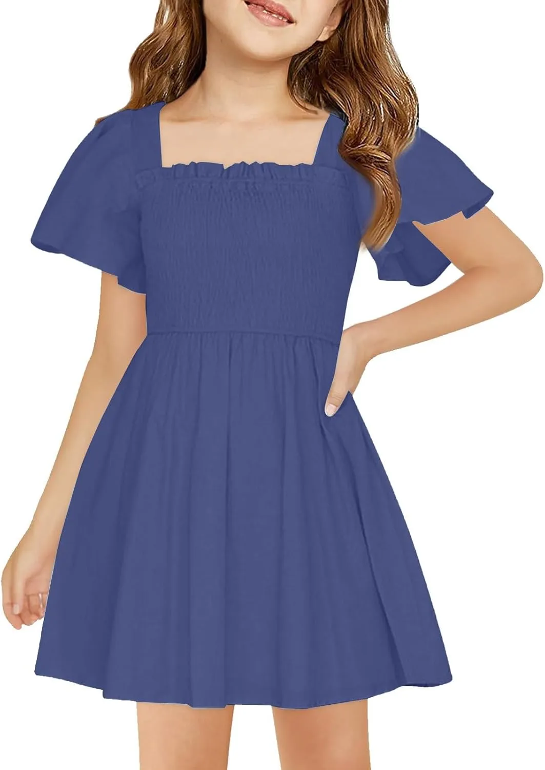 Girls Summer Dress Ruffle Sleeve Dresses Square Neck A-Line Party Dresses Ruched Formal Dress for Wedding 5-14 Years