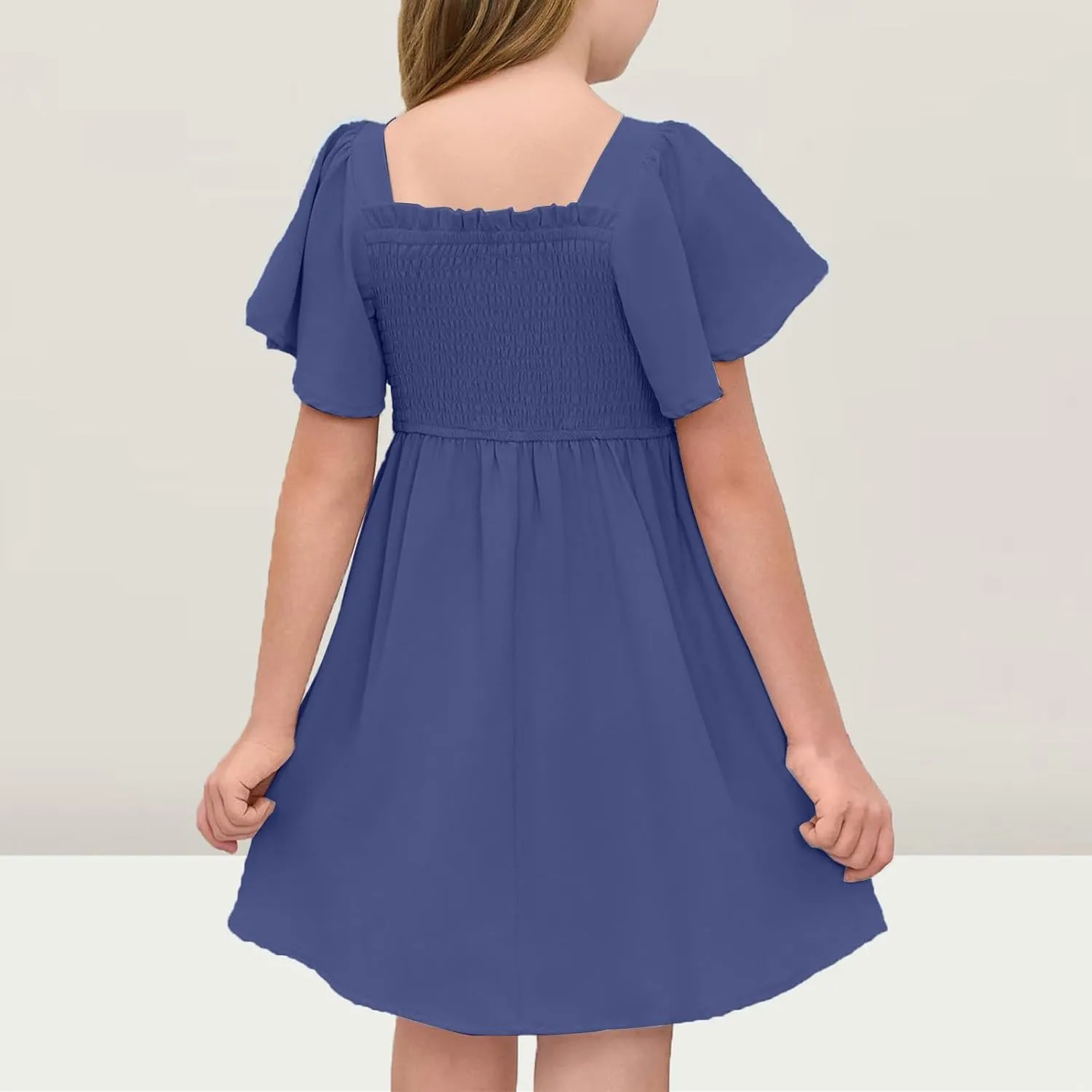 Girls Summer Dress Ruffle Sleeve Dresses Square Neck A-Line Party Dresses Ruched Formal Dress for Wedding 5-14 Years