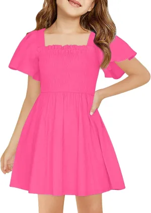 Girls Summer Dress Ruffle Sleeve Dresses Square Neck A-Line Party Dresses Ruched Formal Dress for Wedding 5-14 Years