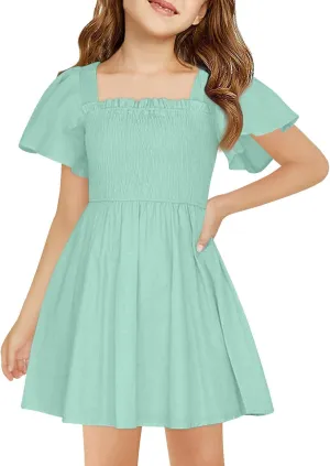 Girls Summer Dress Ruffle Sleeve Dresses Square Neck A-Line Party Dresses Ruched Formal Dress for Wedding 5-14 Years