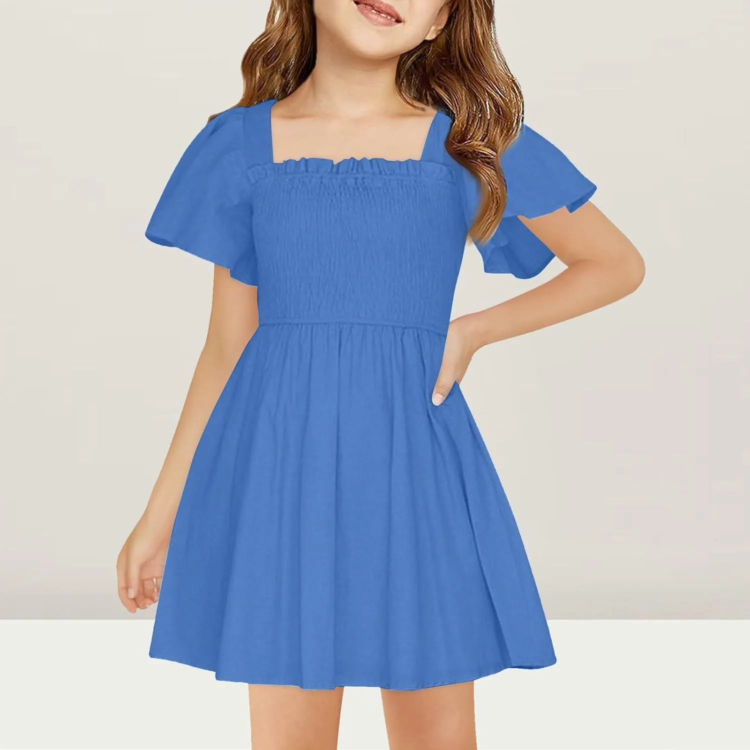 Girls Summer Dress Ruffle Sleeve Dresses Square Neck A-Line Party Dresses Ruched Formal Dress for Wedding 5-14 Years