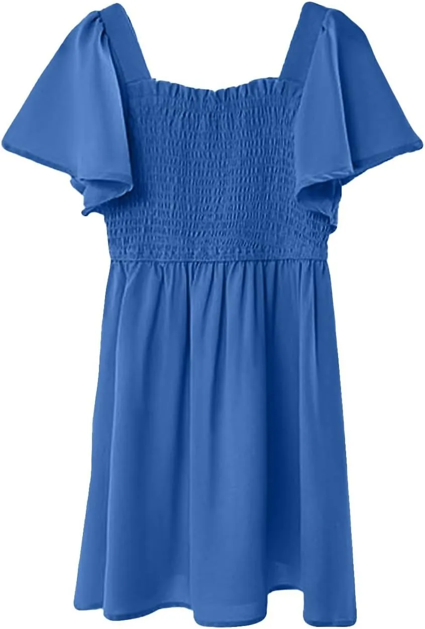 Girls Summer Dress Ruffle Sleeve Dresses Square Neck A-Line Party Dresses Ruched Formal Dress for Wedding 5-14 Years