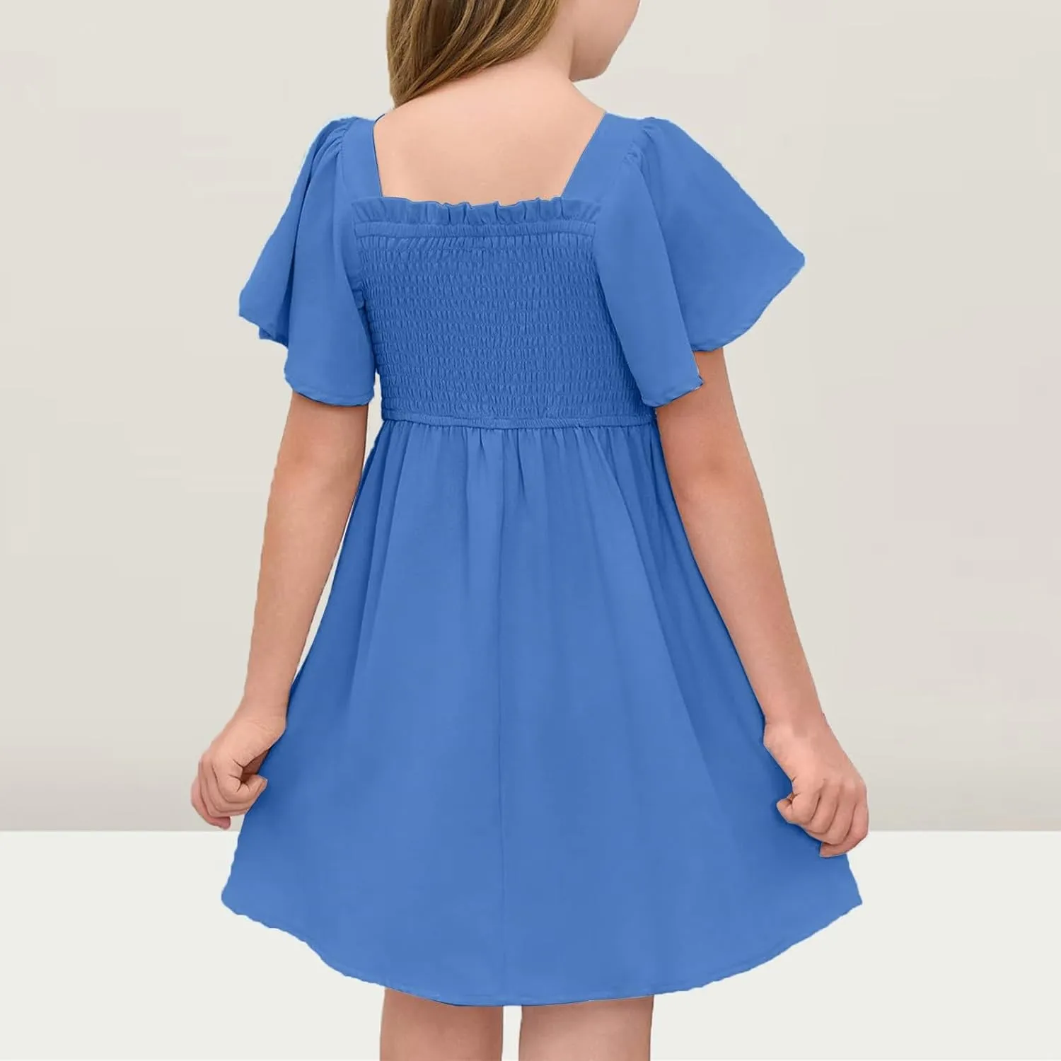 Girls Summer Dress Ruffle Sleeve Dresses Square Neck A-Line Party Dresses Ruched Formal Dress for Wedding 5-14 Years