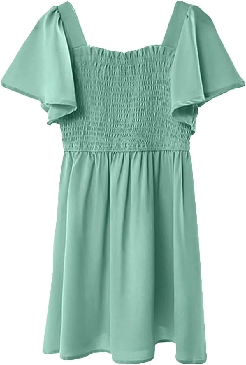 Girls Summer Dress Ruffle Sleeve Dresses Square Neck A-Line Party Dresses Ruched Formal Dress for Wedding 5-14 Years
