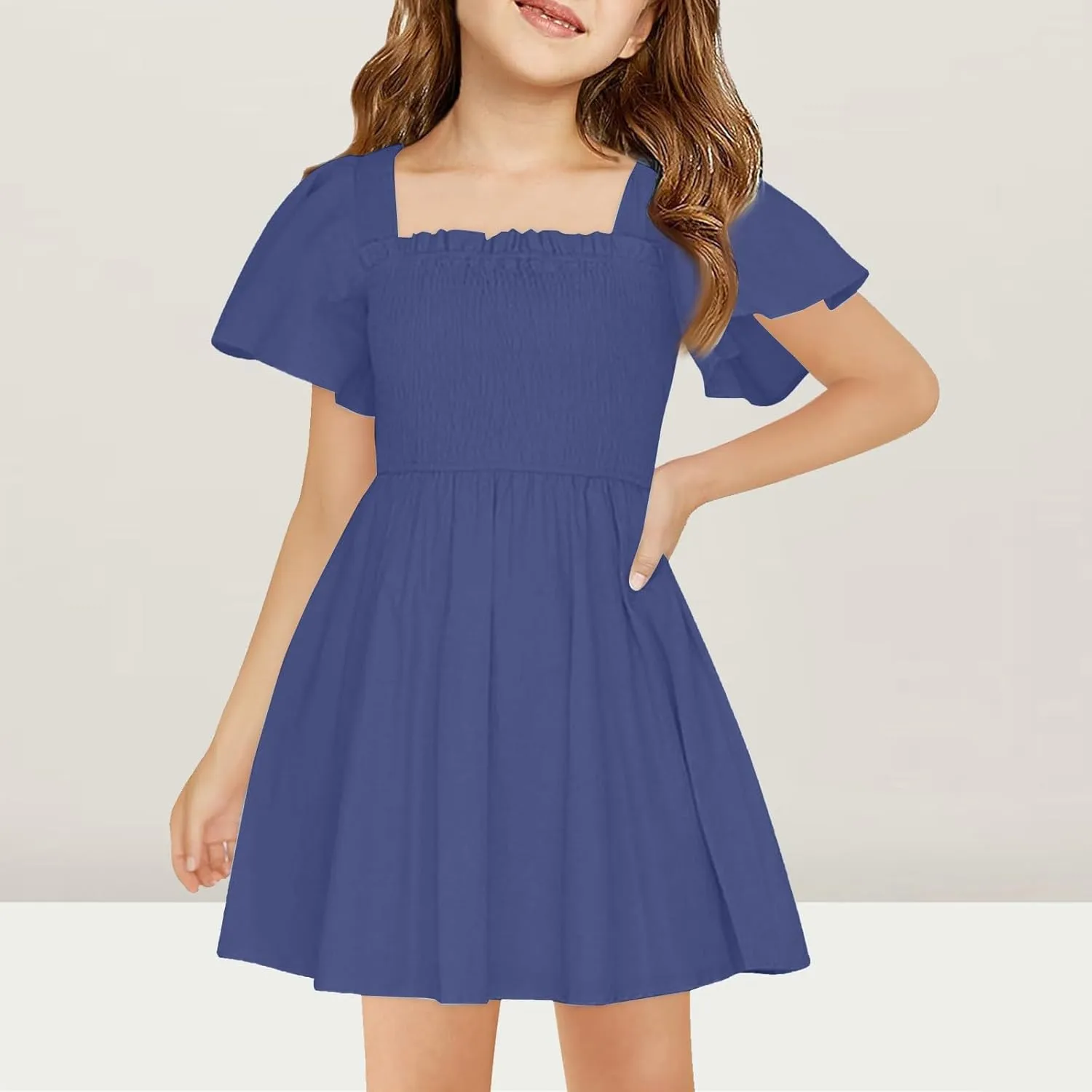 Girls Summer Dress Ruffle Sleeve Dresses Square Neck A-Line Party Dresses Ruched Formal Dress for Wedding 5-14 Years