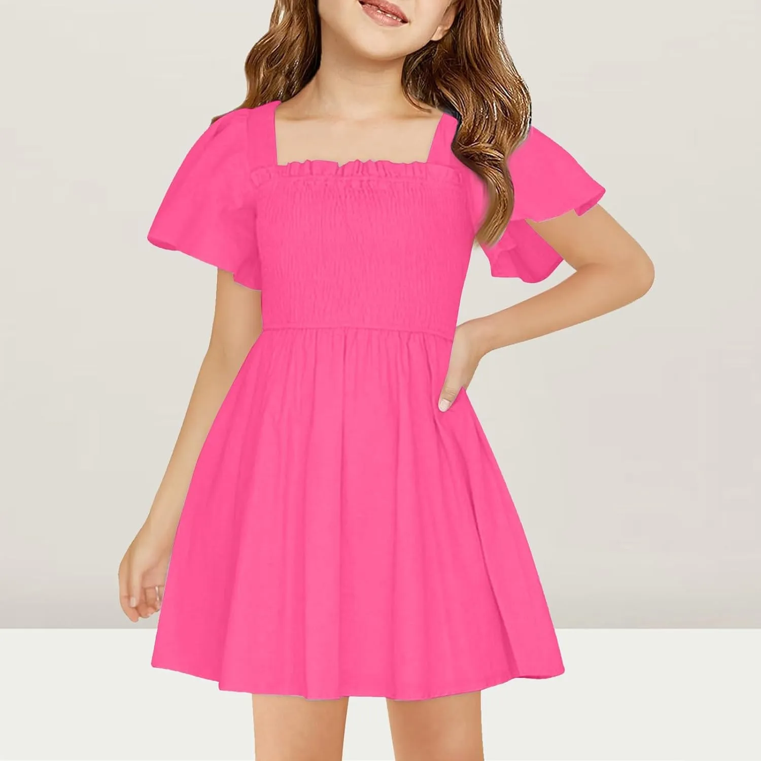 Girls Summer Dress Ruffle Sleeve Dresses Square Neck A-Line Party Dresses Ruched Formal Dress for Wedding 5-14 Years