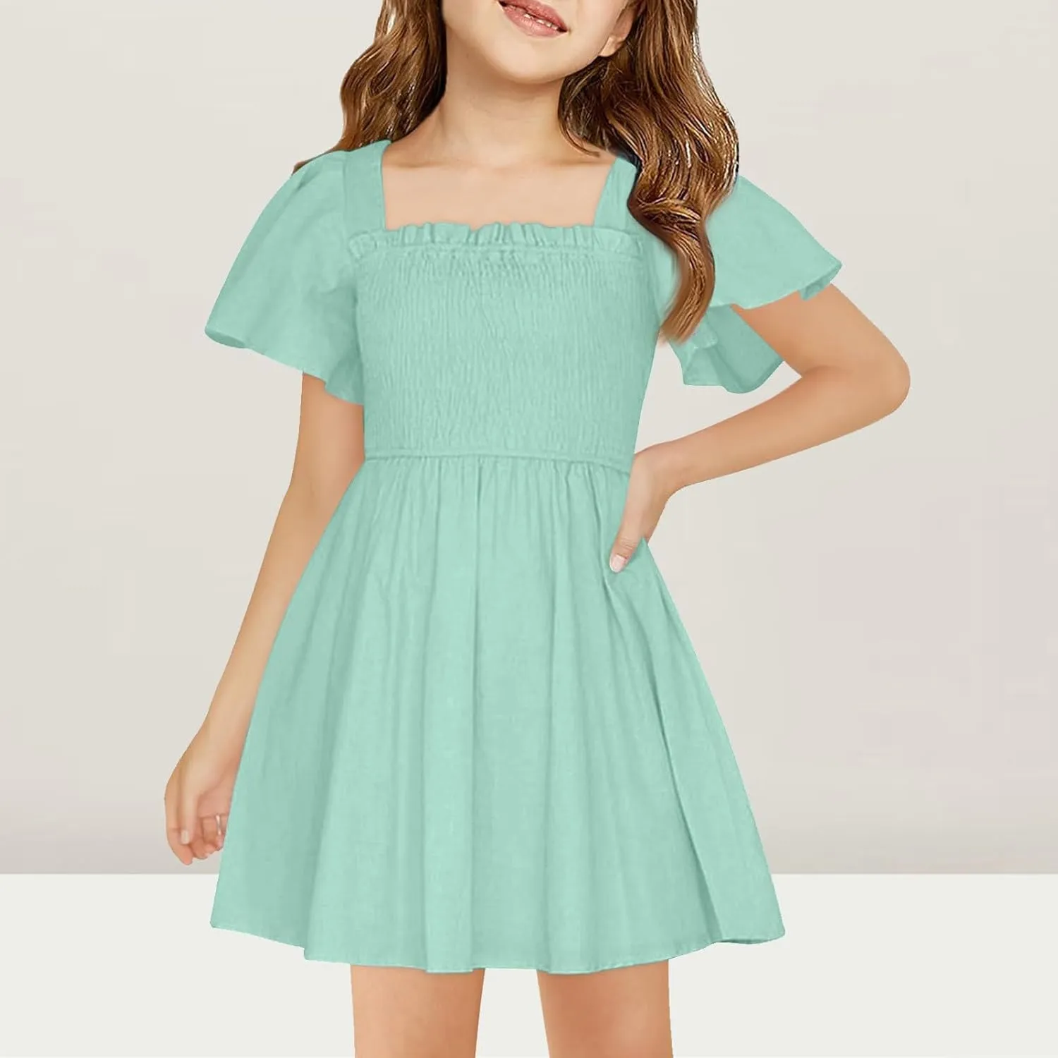 Girls Summer Dress Ruffle Sleeve Dresses Square Neck A-Line Party Dresses Ruched Formal Dress for Wedding 5-14 Years