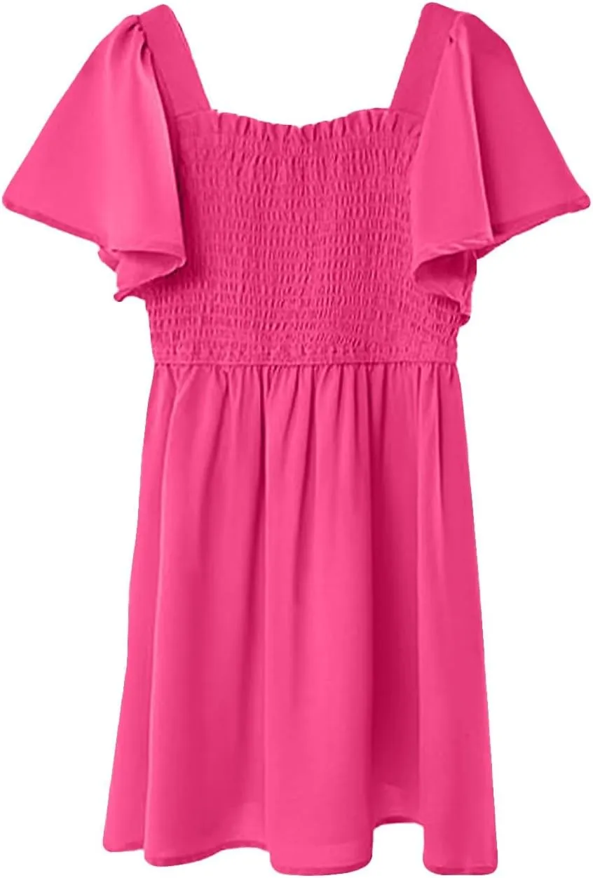 Girls Summer Dress Ruffle Sleeve Dresses Square Neck A-Line Party Dresses Ruched Formal Dress for Wedding 5-14 Years