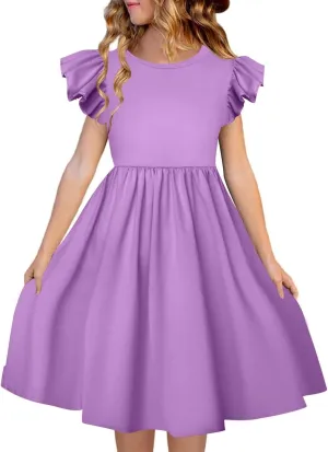 Girls Summer Dresses Double Layer Flutter Sleeve Flowy A-Line Sundress Casual Gradient Midi Dresses for 3-8 Years
