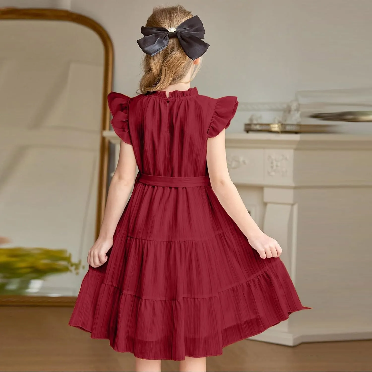 Girls Summer Dresses Ruffle Sleeve Church Dresses Ruched Birthday Dress Cute Formal Dance Dress with Belt 3-12 Years
