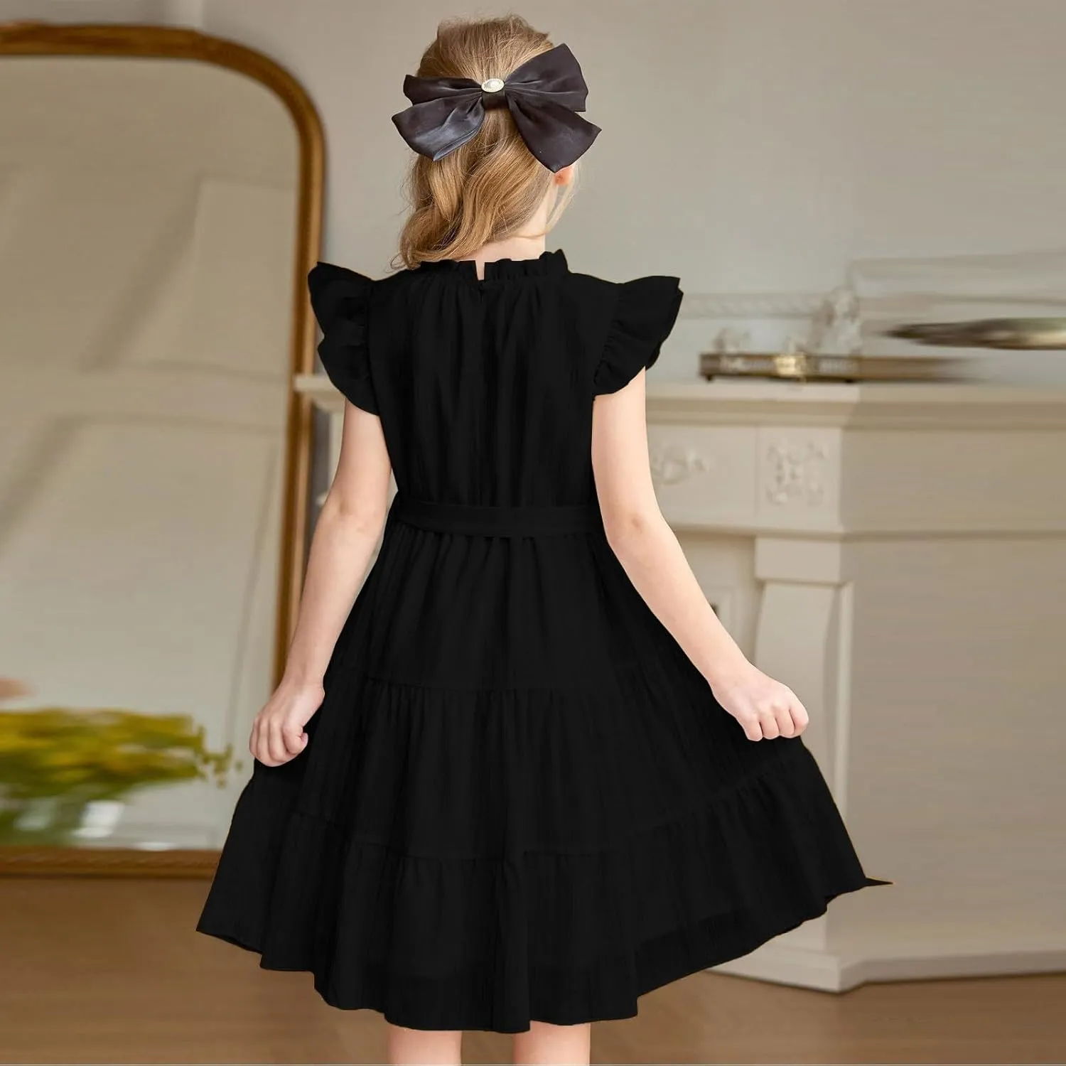 Girls Summer Dresses Ruffle Sleeve Church Dresses Ruched Birthday Dress Cute Formal Dance Dress with Belt 3-12 Years