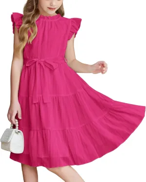 Girls Summer Dresses Ruffle Sleeve Church Dresses Ruched Birthday Dress Cute Formal Dance Dress with Belt 3-12 Years