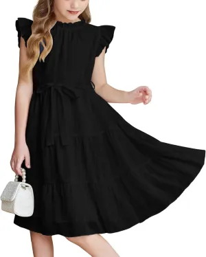 Girls Summer Dresses Ruffle Sleeve Church Dresses Ruched Birthday Dress Cute Formal Dance Dress with Belt 3-12 Years