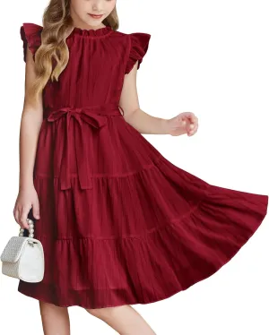 Girls Summer Dresses Ruffle Sleeve Church Dresses Ruched Birthday Dress Cute Formal Dance Dress with Belt 3-12 Years