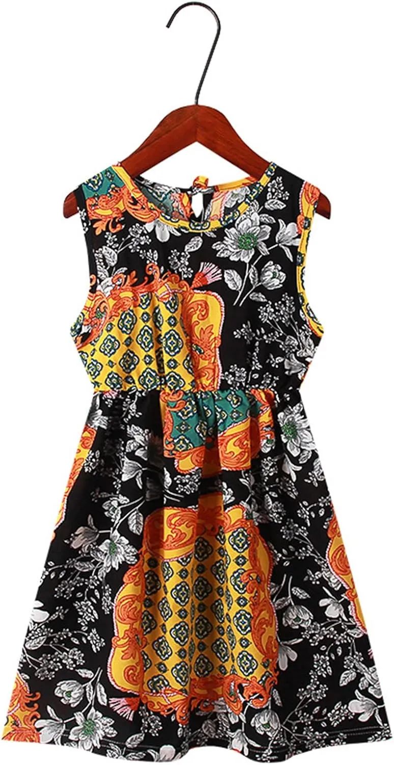 Girls Toddler Kids Crew Neck Summer Sleeveless Sundress Casual Beach Floral Prints Party Dresses for Girls