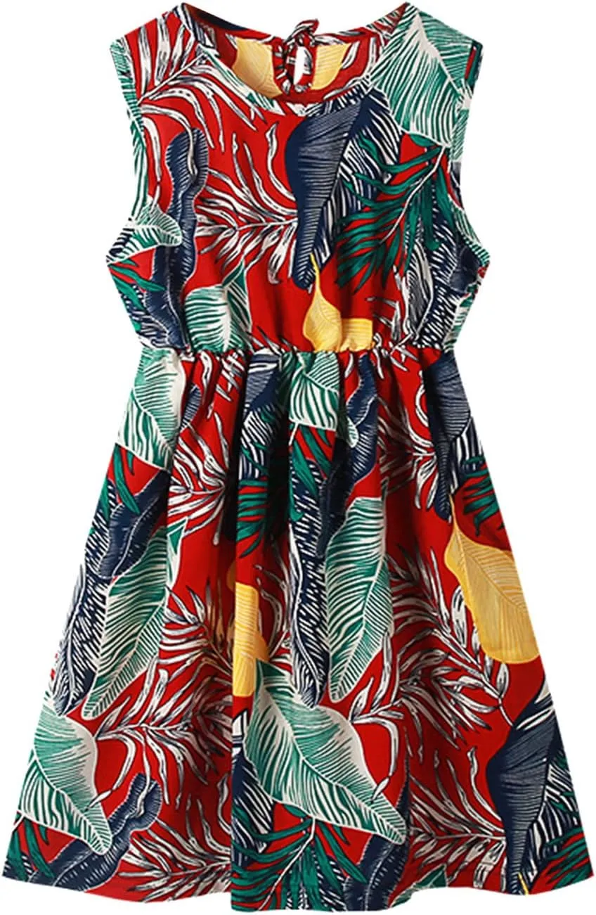 Girls Toddler Kids Crew Neck Summer Sleeveless Sundress Casual Beach Floral Prints Party Dresses for Girls