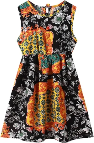 Girls Toddler Kids Crew Neck Summer Sleeveless Sundress Casual Beach Floral Prints Party Dresses for Girls