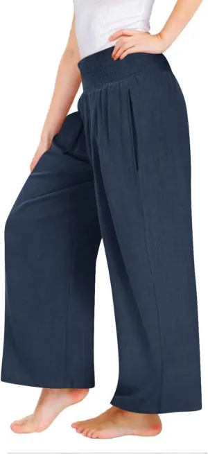 Girls Wide Leg Pants Linen Loose Trousers with Pockets Flowy High Waisted Casual Palazzo Trouser with Pocket for Kids