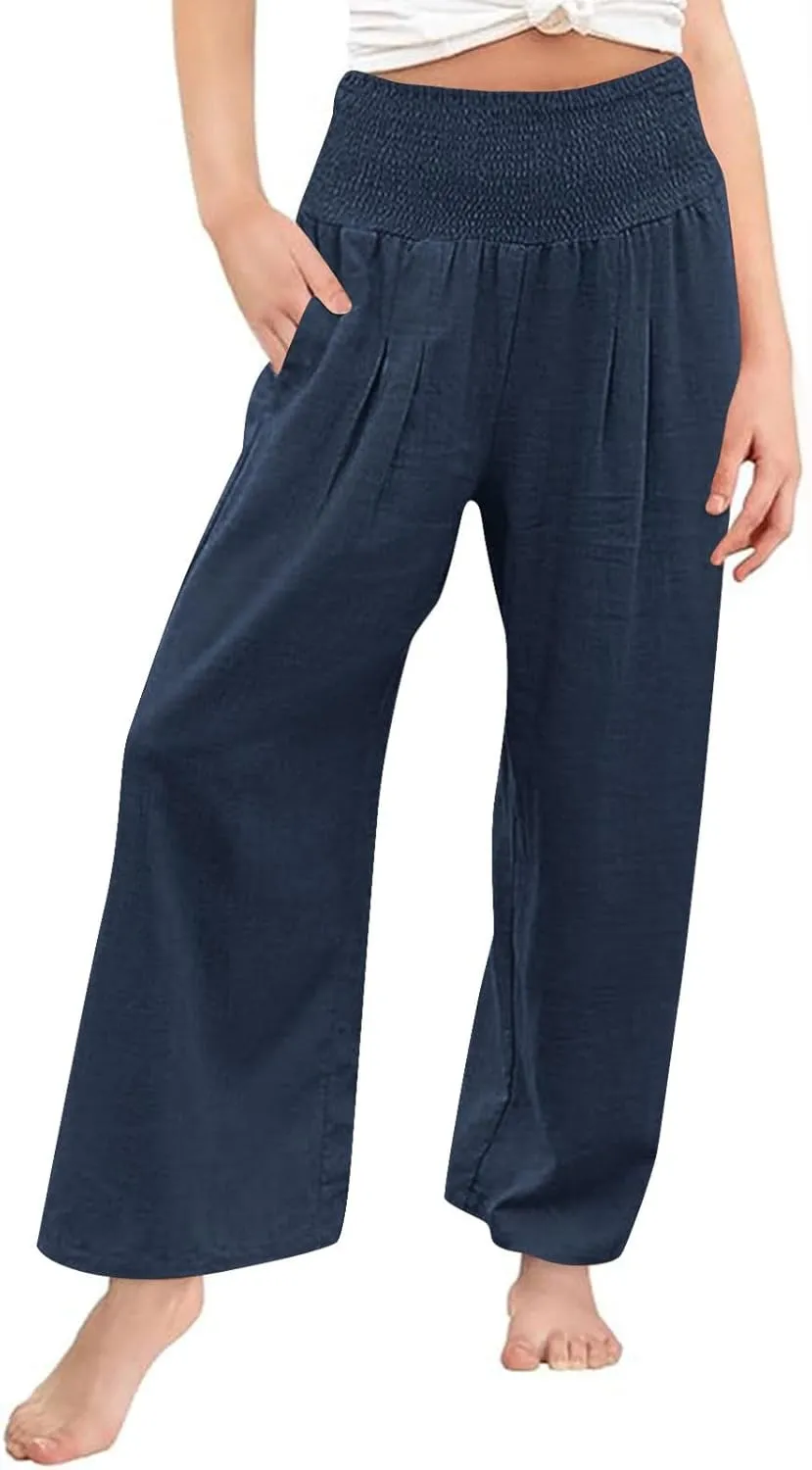 Girls Wide Leg Pants Linen Loose Trousers with Pockets Flowy High Waisted Casual Palazzo Trouser with Pocket for Kids